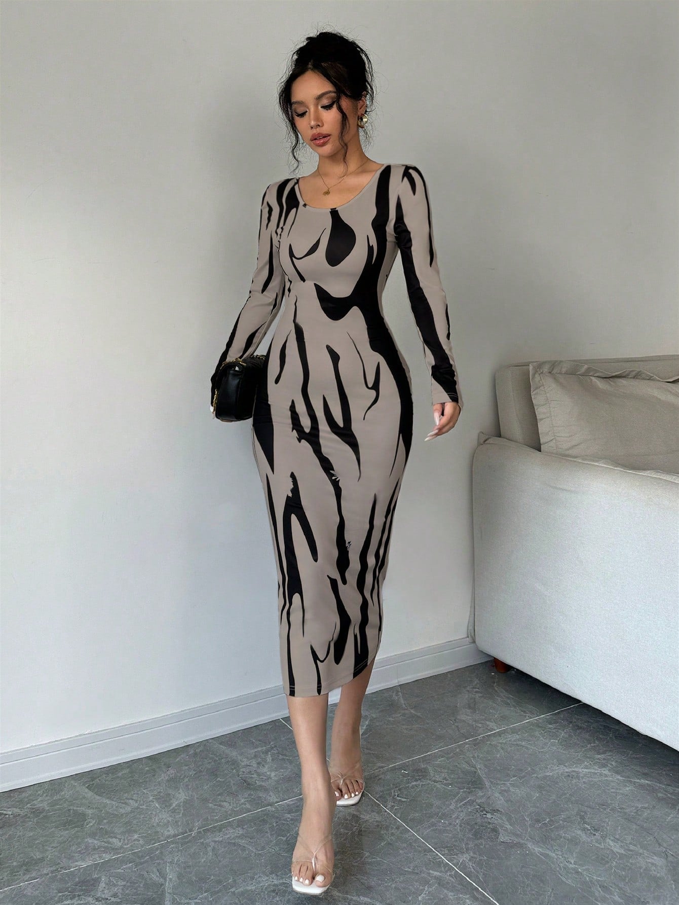 Asymmetrical Print Bodycon Long Sleeve Midi Dress For Women Maxi Women Outfit - Negative Apparel