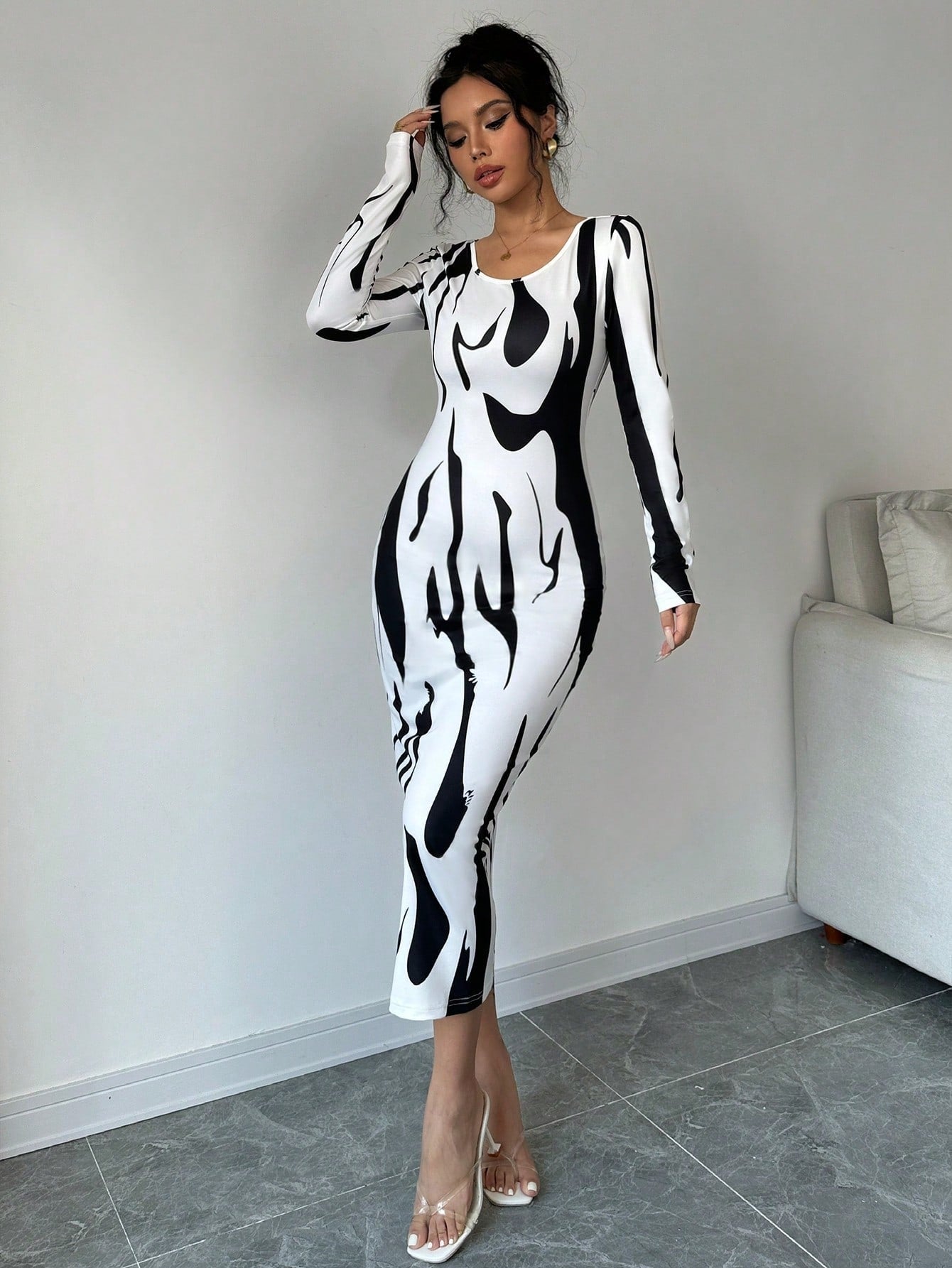 Asymmetrical Print Bodycon Long Sleeve Midi Dress For Women Maxi Women Outfit - Negative Apparel