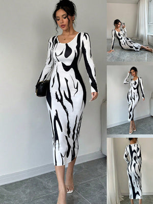 Asymmetrical Print Bodycon Long Sleeve Midi Dress For Women Maxi Women Outfit - Negative Apparel