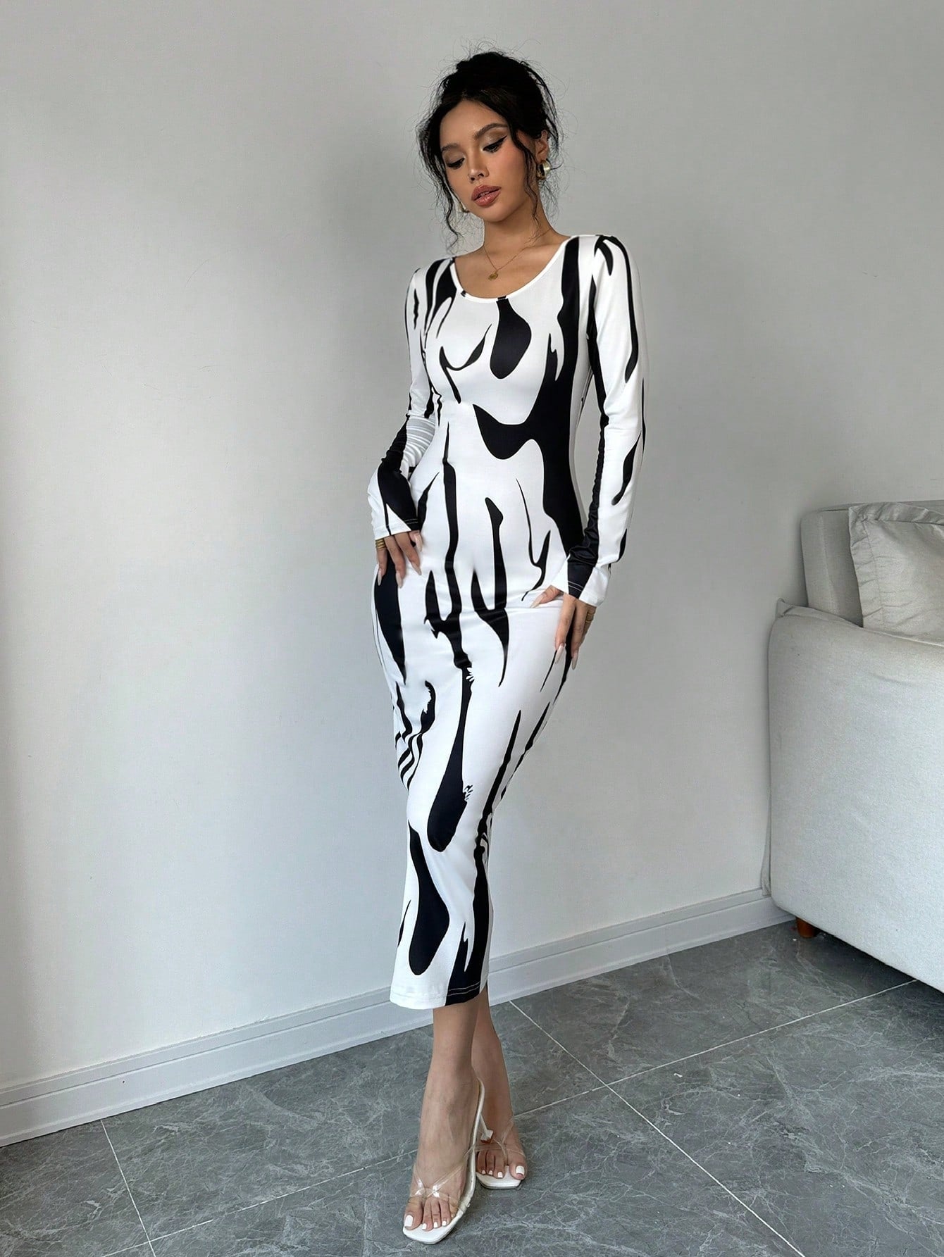 Asymmetrical Print Bodycon Long Sleeve Midi Dress For Women Maxi Women Outfit - Negative Apparel