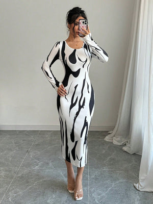 Asymmetrical Print Bodycon Long Sleeve Midi Dress For Women Maxi Women Outfit - Negative Apparel