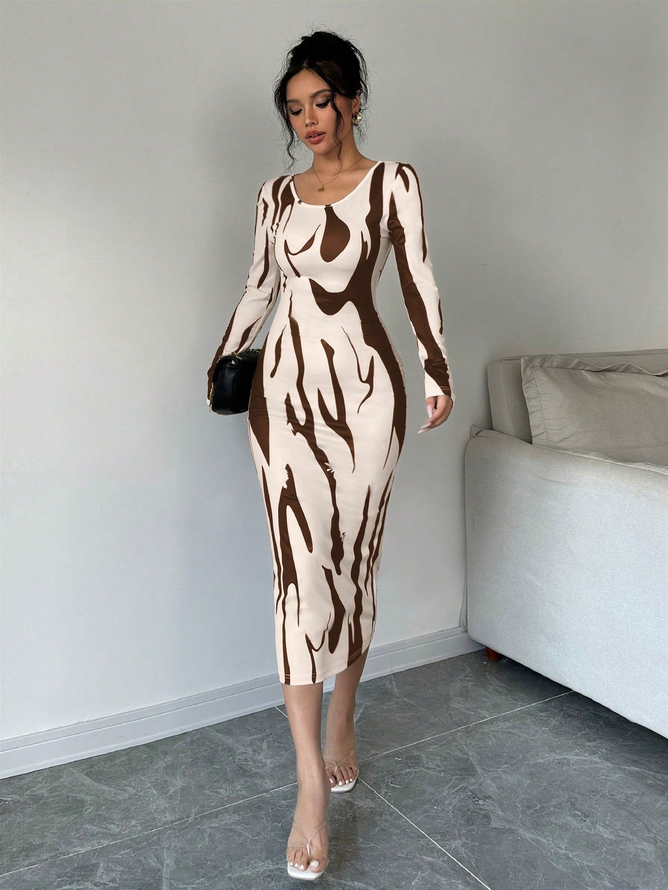 Asymmetrical Print Bodycon Long Sleeve Midi Dress For Women Maxi Women Outfit - Negative Apparel