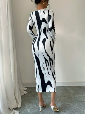 Asymmetrical Print Bodycon Long Sleeve Midi Dress For Women Maxi Women Outfit - Negative Apparel