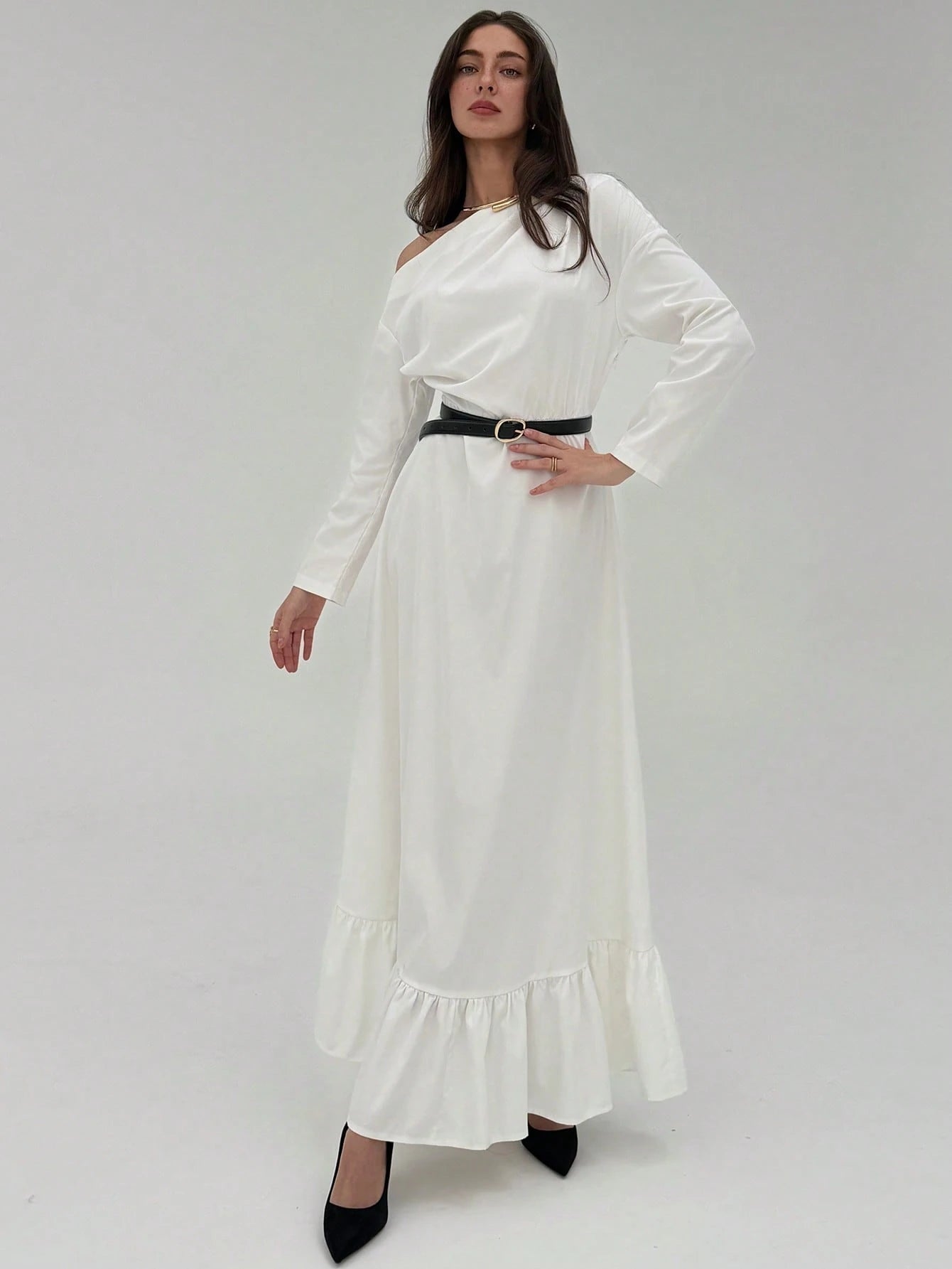 Asymmetrical Shoulder Casual A - Line Dress FD - Negative Apparel