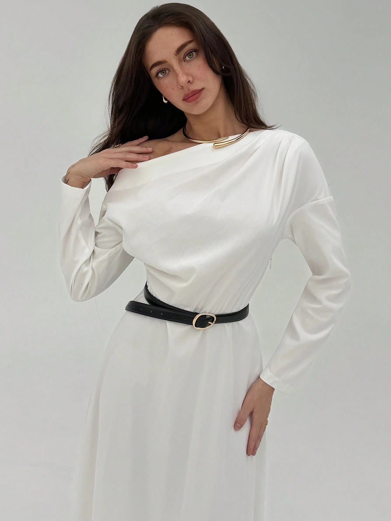 Asymmetrical Shoulder Casual A - Line Dress FD - Negative Apparel