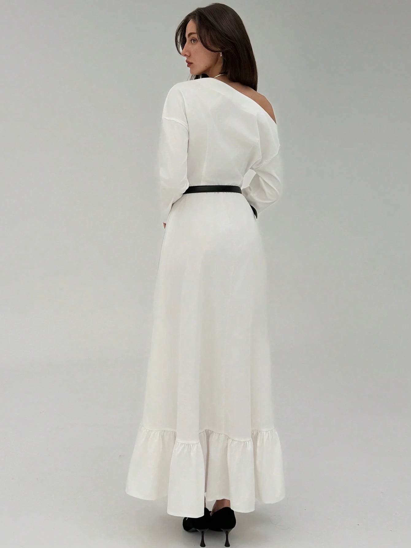 Asymmetrical Shoulder Casual A - Line Dress FD - Negative Apparel