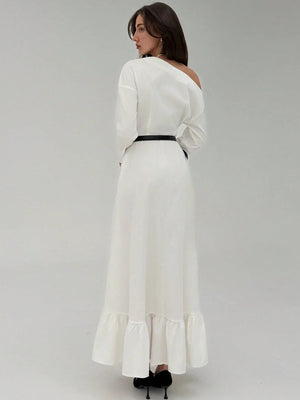 Asymmetrical Shoulder Casual A - Line Dress FD - Negative Apparel