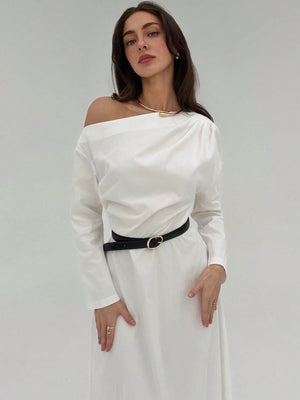 Asymmetrical Shoulder Casual A - Line Dress FD - Negative Apparel