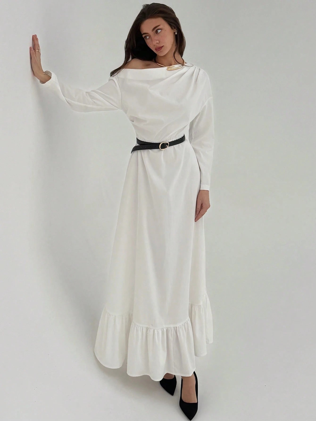 Asymmetrical Shoulder Casual A - Line Dress FD - Negative Apparel