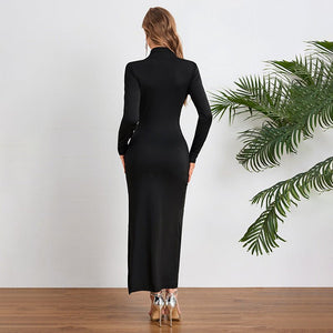 Autumn 2025 medium high collar pleated slit slim long sleeve dress - Negative Apparel