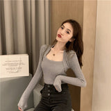 Autumn and winter bottoming shirt, slim fit, careful machine inside, clavicle square neck outside, top design sense, knitted sweater, women's wholesale - Negative Apparel