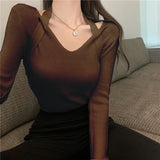 Autumn and winter design sense V - neck neck knitted sweater female slim and thin inside sweater outside chic long - sleeved top tide - Negative Apparel