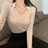 Autumn and winter design sense V - neck neck knitted sweater female slim and thin inside sweater outside chic long - sleeved top tide - Negative Apparel