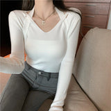 Autumn and winter design sense V - neck neck knitted sweater female slim and thin inside sweater outside chic long - sleeved top tide - Negative Apparel