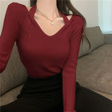 Autumn and winter design sense V - neck neck knitted sweater female slim and thin inside sweater outside chic long - sleeved top tide - Negative Apparel