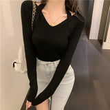 Autumn and winter design sense V - neck neck knitted sweater female slim and thin inside sweater outside chic long - sleeved top tide - Negative Apparel