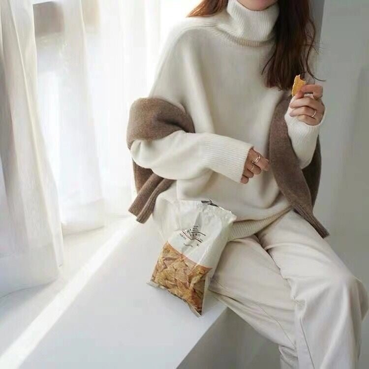 Autumn and winter Korean version of fashion high - end solid color turtleneck pullover, loose and lazy outer wear women's European station retro top - Negative Apparel