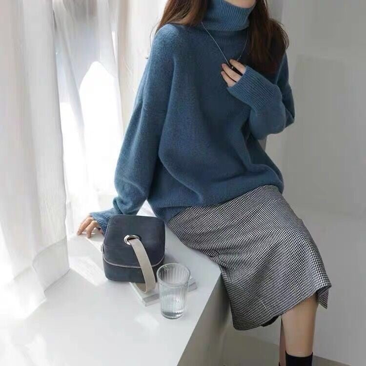 Autumn and winter Korean version of fashion high - end solid color turtleneck pullover, loose and lazy outer wear women's European station retro top - Negative Apparel