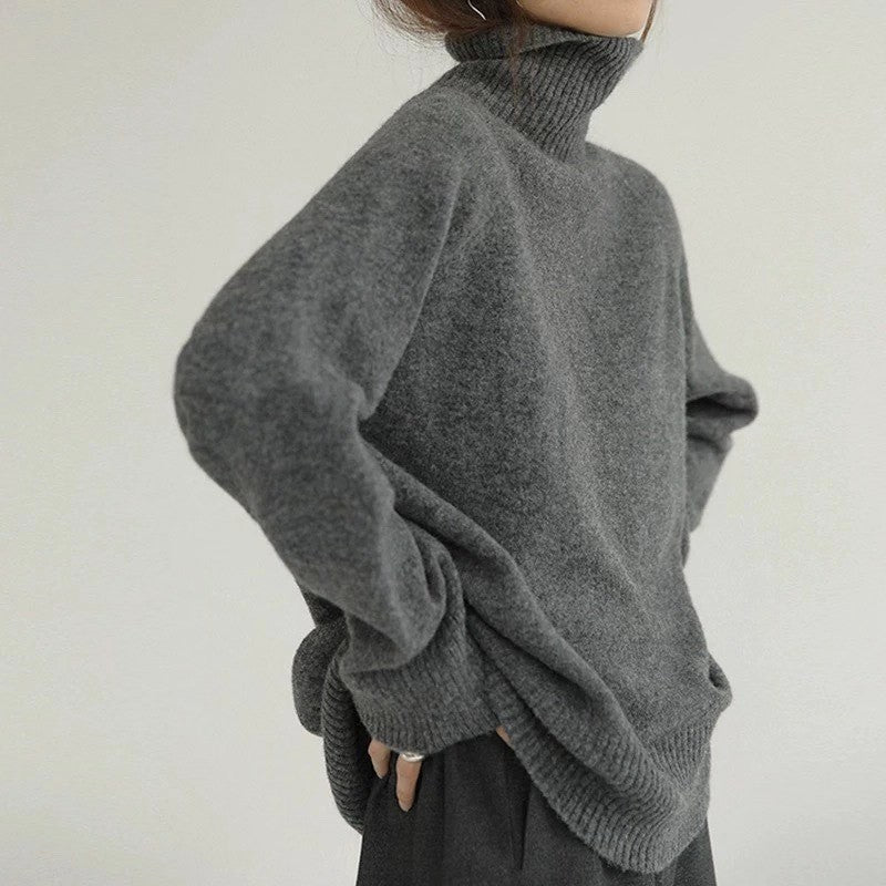 Autumn and winter Korean version of fashion high - end solid color turtleneck pullover, loose and lazy outer wear women's European station retro top - Negative Apparel