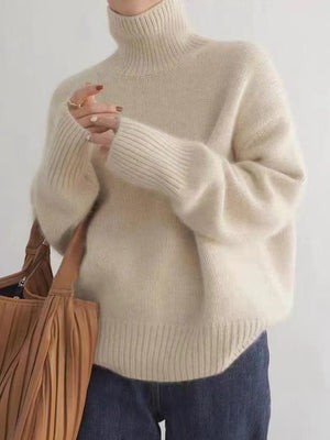Autumn and winter Korean version of fashion high - end solid color turtleneck pullover, loose and lazy outer wear women's European station retro top - Negative Apparel