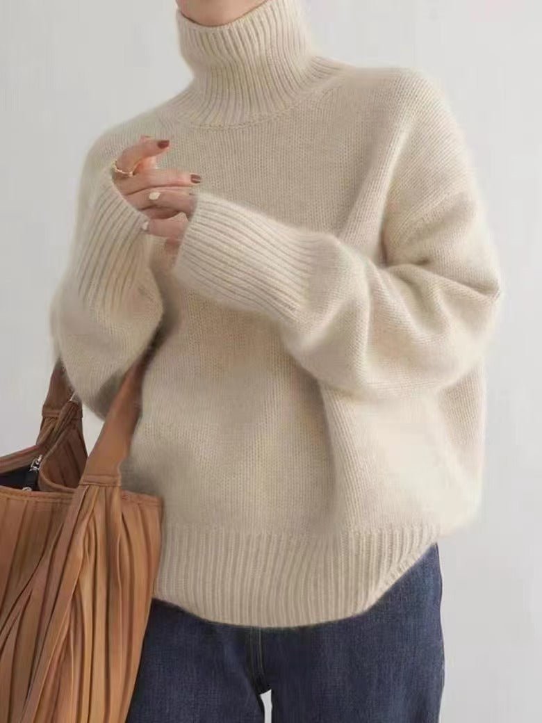 Autumn and winter Korean version of fashion high - end solid color turtleneck pullover, loose and lazy outer wear women's European station retro top - Negative Apparel
