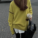 Autumn and winter Korean version sweater women's literary and retro loose and simple crew neck top design contrasting color versatile pullover knitted sweater - Negative Apparel