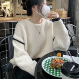 Autumn and winter Korean version sweater women's literary and retro loose and simple crew neck top design contrasting color versatile pullover knitted sweater - Negative Apparel