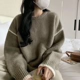 Autumn and winter Korean version sweater women's literary and retro loose and simple crew neck top design contrasting color versatile pullover knitted sweater - Negative Apparel
