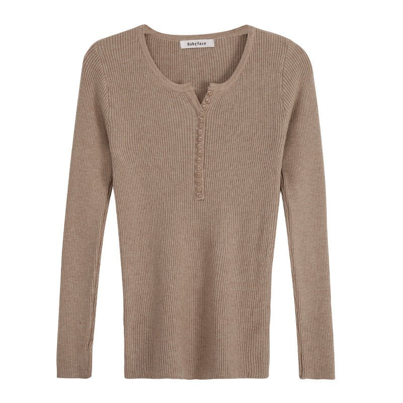 Autumn and winter Korean version with V - neck long - sleeved pullover bottoming sweater slim and thin elastic pit strip knitted sweater top women - Negative Apparel