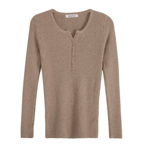 Autumn and winter Korean version with V - neck long - sleeved pullover bottoming sweater slim and thin elastic pit strip knitted sweater top women - Negative Apparel
