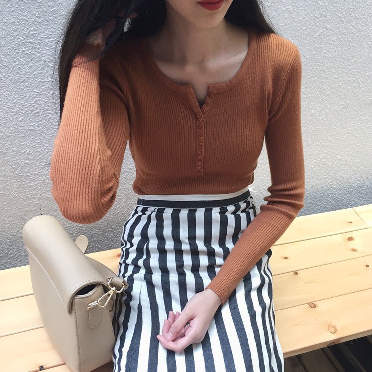 Autumn and winter Korean version with V - neck long - sleeved pullover bottoming sweater slim and thin elastic pit strip knitted sweater top women - Negative Apparel