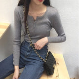 Autumn and winter Korean version with V - neck long - sleeved pullover bottoming sweater slim and thin elastic pit strip knitted sweater top women - Negative Apparel