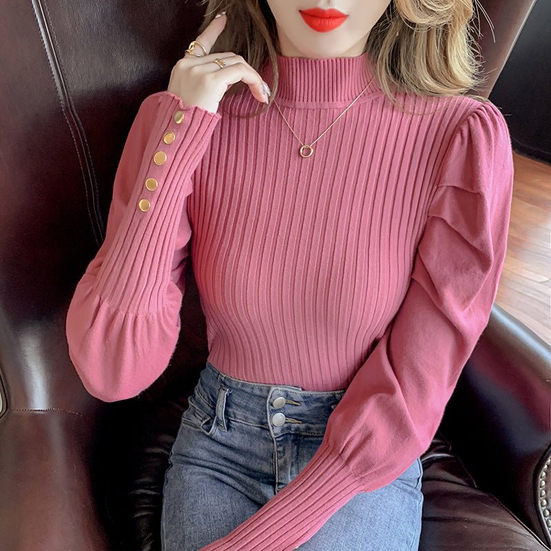 Autumn and winter new bubble sleeve sweater female foreign style explosion fashion personality semi - turtleneck medium collar slim fit inner bottoming shirt - Negative Apparel