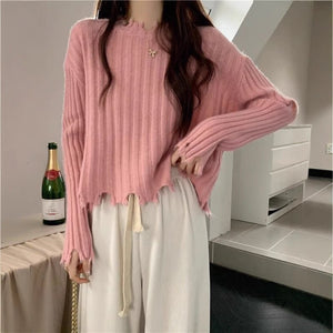 Autumn and winter new hem ripped irregular soft waxy knitted bottoming sweater women's design short top - Negative Apparel