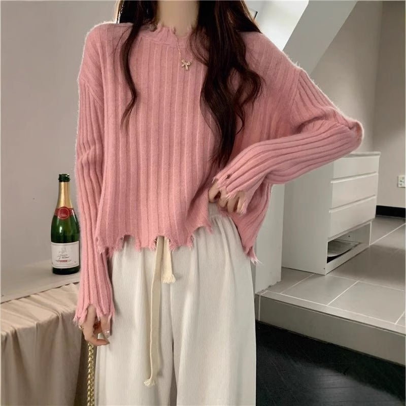 Autumn and winter new hem ripped irregular soft waxy knitted bottoming sweater women's design short top - Negative Apparel
