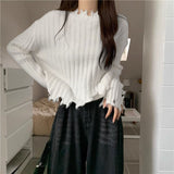 Autumn and winter new hem ripped irregular soft waxy knitted bottoming sweater women's design short top - Negative Apparel