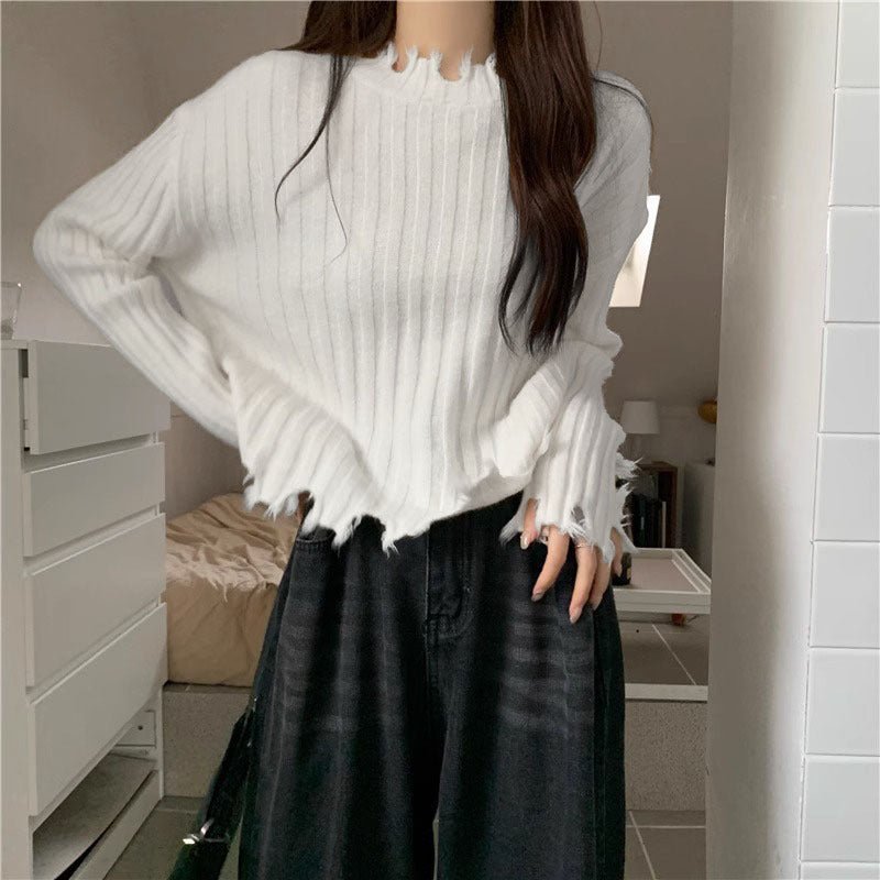 Autumn and winter new hem ripped irregular soft waxy knitted bottoming sweater women's design short top - Negative Apparel