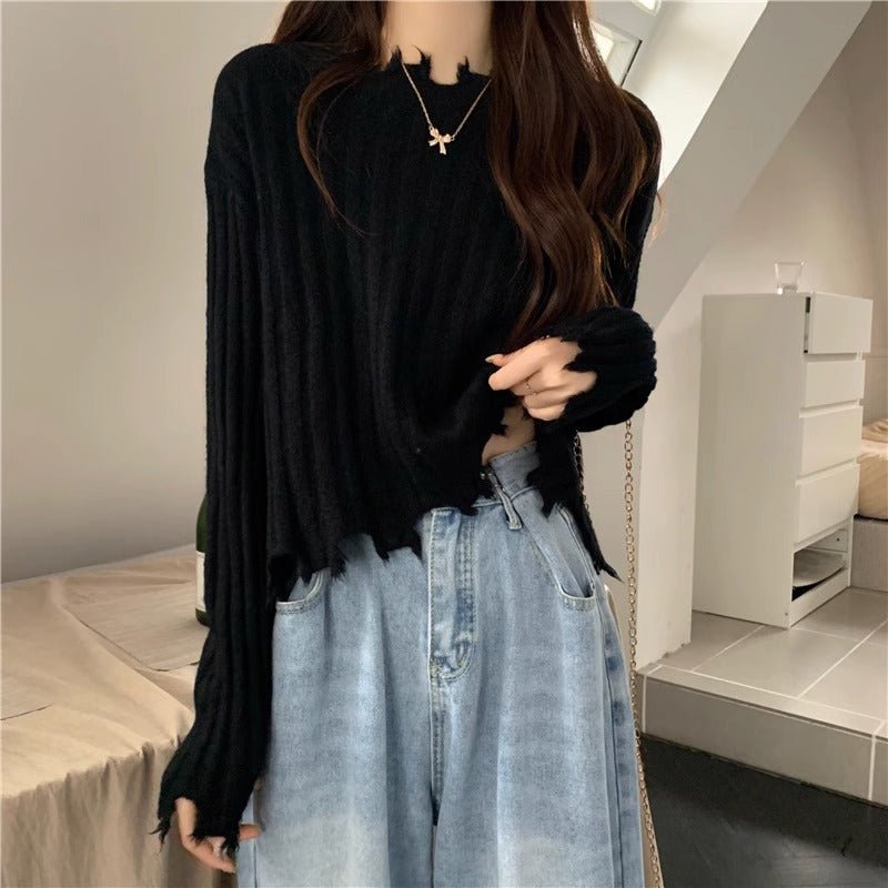 Autumn and winter new hem ripped irregular soft waxy knitted bottoming sweater women's design short top - Negative Apparel