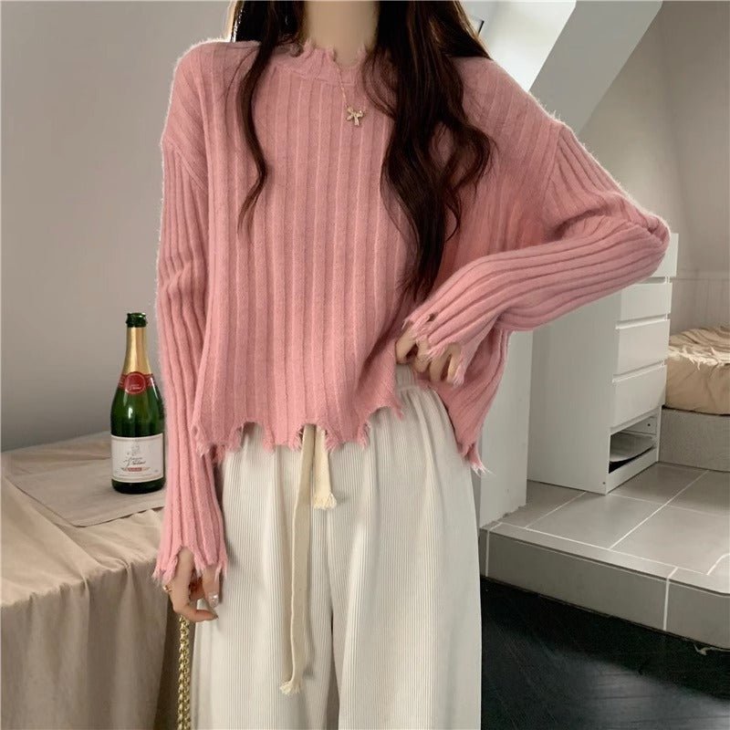 Autumn and winter new hem ripped irregular soft waxy knitted bottoming sweater women's design short top - Negative Apparel