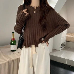 Autumn and winter new hem ripped irregular soft waxy knitted bottoming sweater women's design short top - Negative Apparel