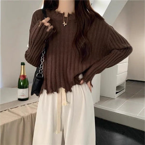 Autumn and winter new hem ripped irregular soft waxy knitted bottoming sweater women's design short top - Negative Apparel