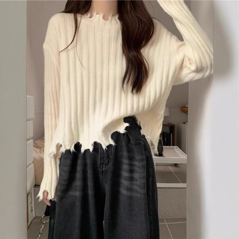 Autumn and winter new hem ripped irregular soft waxy knitted bottoming sweater women's design short top - Negative Apparel