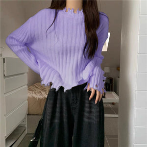 Autumn and winter new hem ripped irregular soft waxy knitted bottoming sweater women's design short top - Negative Apparel