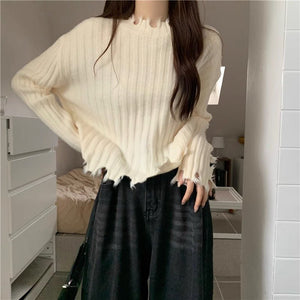Autumn and winter new hem ripped irregular soft waxy knitted bottoming sweater women's design short top - Negative Apparel