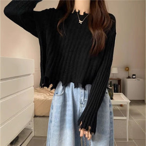 Autumn and winter new hem ripped irregular soft waxy knitted bottoming sweater women's design short top - Negative Apparel