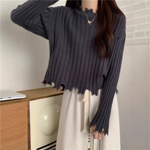 Autumn and winter new hem ripped irregular soft waxy knitted bottoming sweater women's design short top - Negative Apparel