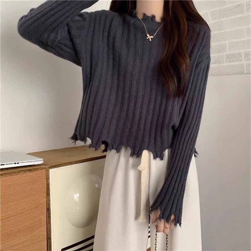 Autumn and winter new hem ripped irregular soft waxy knitted bottoming sweater women's design short top - Negative Apparel