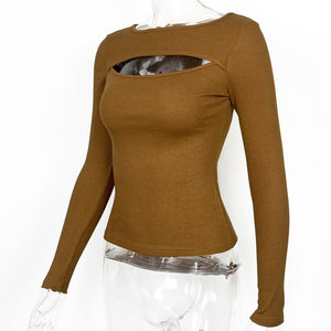 Autumn and winter new hollow long - sleeved tops, elastic ribbed T-shirt female - Negative Apparel