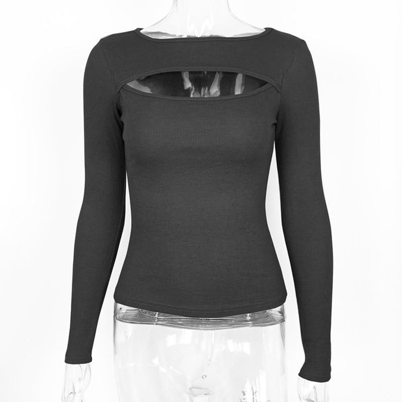 Autumn and winter new hollow long - sleeved tops, elastic ribbed T-shirt female - Negative Apparel