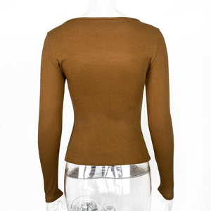 Autumn and winter new hollow long - sleeved tops, elastic ribbed T-shirt female - Negative Apparel